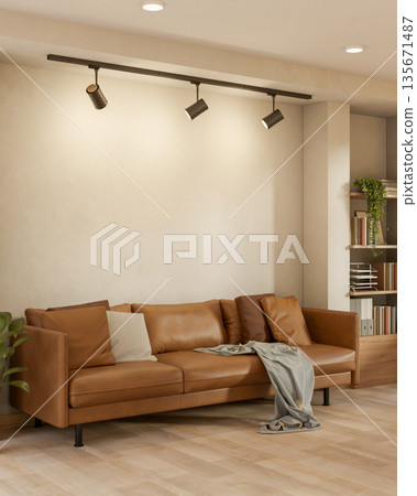 Brown leather sofa with cushion and blanket under ceiling lamp on wooden floor in a living room. Brown leather sofa with cushion and blanket under ceiling lamp on wooden floor in a living room. 135671487
