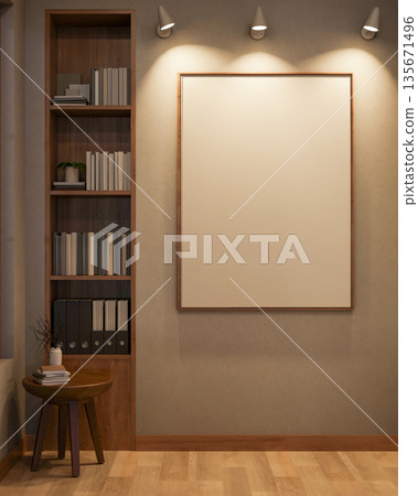 Empty white frame with spot light on wall aside wooden bookshelf and table in a parquet floor room. 135671496