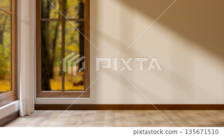 Autumn garden scenery outside wooden windows and curtain on empty white wall in a parquet floor room Autumn garden scenery outside wooden windows and curtain on empty white wall in a parquet floor room 135671510