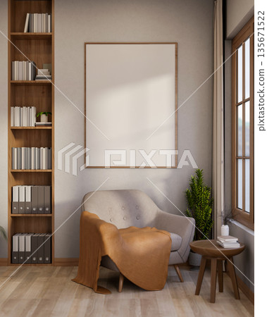 Sofa chair with blanket under white frame on wall and table aside wooden bookshelf on parquet floor. 135671522