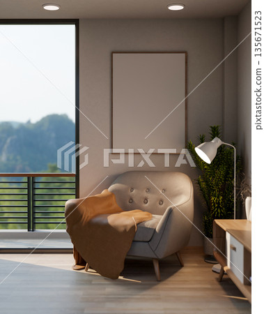 Sofa chair with blanket under white frame and houseplant aside floor lamp aside terrace or balcony. 135671523