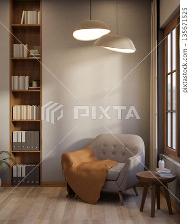 Sofa chair with blanket and side table under ceiling lamps aside bookshelf on wooden parquet floor . 135671525