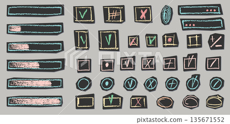 Hand-drawn check marks and cross icons in sketch style. Doodle tick boxes, circles, and pencil symbols for lists and voting designs. Grunge chalk crayon scribbles doodles textures. Rough strokes. 135671552