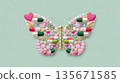 Colorful butterfly made of various pills and capsules on green background 135671585