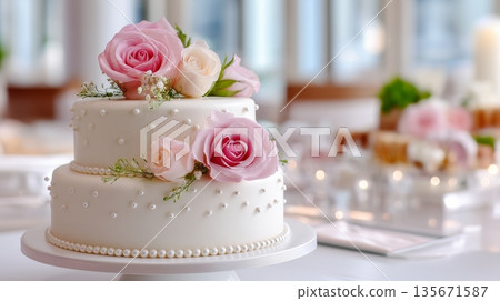 Elegant two-tier wedding cake with pink roses and pearl decorations Elegant two-tier wedding cake with pink roses and pearl decorations 135671587