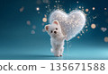 Adorable white puppy holding sparkling heart balloon on blue background 135671588