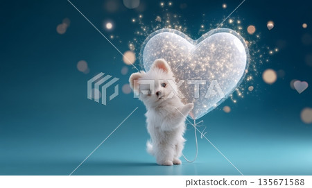 Adorable white puppy holding sparkling heart balloon on blue background 135671588
