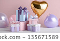 Colorful gift boxes and balloons on pastel background 135671589