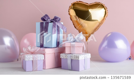 Colorful gift boxes and balloons on pastel background 135671589