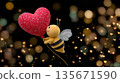 Cute cartoon bee holding glittering red heart balloon amidst golden bokeh hearts 135671590