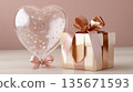 Elegant heart balloon with stars and gift box with ribbon on cream background 135671593
