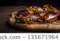 Edible cockroaches prepared as a gourmet dish, entomophagy, protein-rich insect food, an exotic culinary experience 135671964