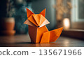 Handmade origami fox figurine on the table, minimalist paper art, warm interior, creative home decor 135671966