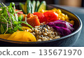 Colorful vegan grain bowl with fresh vegetables, healthy plant-based dish, balanced nutrition 135671970