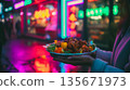 Street food in neon lights at night, Asian takeaway, city nightlife colors, urban street scene 135671973