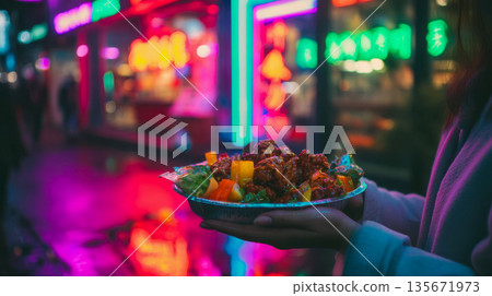 Street food in neon lights at night, Asian takeaway, city nightlife colors, urban street scene 135671973