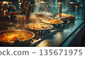 At night, there is a hot street food stall, an open-air kitchen, a rainy evening atmosphere, local cuisine 135671975