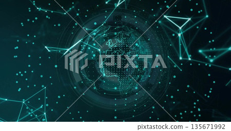 Rotating holographic globe displaying dotted continents in digital interface, with rings and mesh 135671992