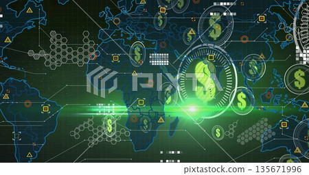 Displaying circular digital dollar interface overlaying world map grid, showing green lens flare 135671996