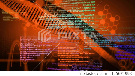 Displaying dark spiral helix structure over digital interface, with code snippets and hexagons Displaying dark spiral helix structure over digital interface, with code snippets and hexagons 135671998