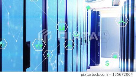 Highlighting blue-lit server racks lining data center aisle, with floating hexagonal digital icons Highlighting blue-lit server racks lining data center aisle, with floating hexagonal digital icons 135672004