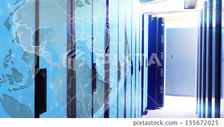 Illuminating server racks lining data center corridor, with translucent world map overlay Illuminating server racks lining data center corridor, with translucent world map overlay 135672025