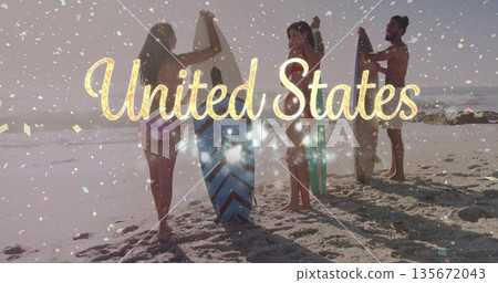 Standing group wearing swimwear holding surfboards on beach at ocean edge, with golden text overlay 135672043