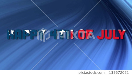 Displaying HAPPY 4TH OF JULY text with American flag pattern on blue swirl at design workspace 135672051