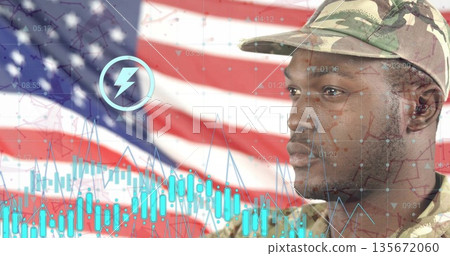 Standing soldier wearing camouflage uniform in studio, US flag, charts, lightning icon, copy space 135672060