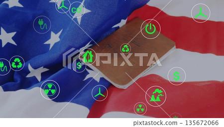Displaying brown leather notepad on folded US flag desk featuring digital energy and finance icons Displaying brown leather notepad on folded US flag desk featuring digital energy and finance icons 135672066