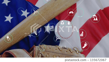 Arranging wooden baseball bat over baseball glove holding baseball on USA flag, showing eco icons 135672067