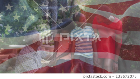 Holding girl's hand, grandfather watching boy and mother in red dress leaning on bench in park Holding girl's hand, grandfather watching boy and mother in red dress leaning on bench in park 135672073
