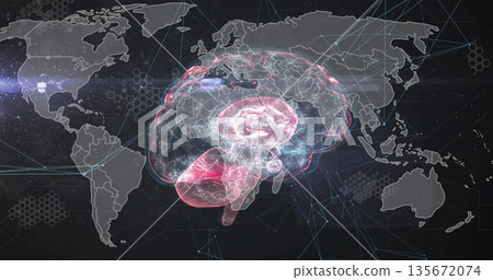 Displaying holographic brain floating over world map, showing network lines and hex grid Displaying holographic brain floating over world map, showing network lines and hex grid 135672074
