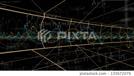 Streaming neon waveforms with floating math symbols through dark 3D corridor, gold-teal gridlines 135672078