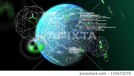Rotating digital Earth globe in virtual data visualization environment, with code text blocks 135672079