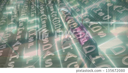 Striding woman wearing glowing suit in neon virtual grid, alphanumeric characters floating 135672080