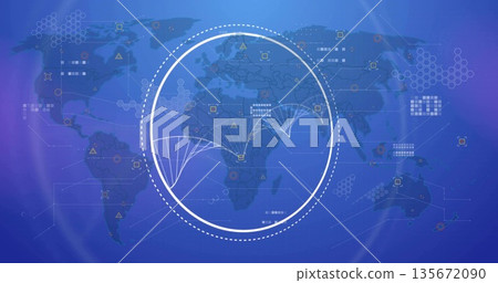 Displaying dashed circle showing Africa-to-Europe-and-Middle East arcs on world map with data grid Displaying dashed circle showing Africa-to-Europe-and-Middle East arcs on world map with data grid 135672090