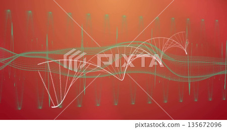 Displaying abstract waveform featuring white and green dotted curves over red-to-orange gradient Displaying abstract waveform featuring white and green dotted curves over red-to-orange gradient 135672096