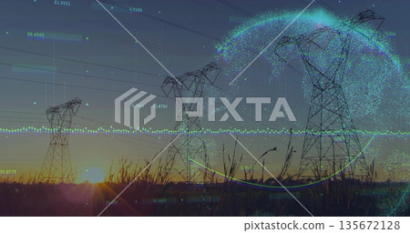 Silhouetting steel lattice tower with power lines at sunset in grassy field, with data overlays 135672128