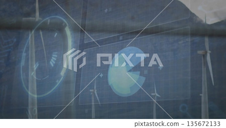 Displaying wind turbines under holographic interface at wind farm, showing circular gauge or pie-cha 135672133