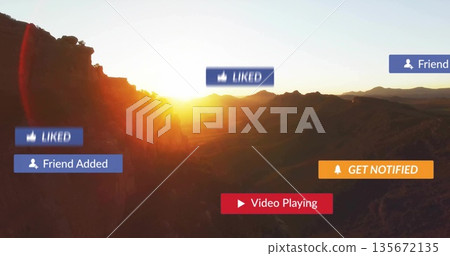 Featuring rugged canyon landscape glowing at sunrise, with floating digital notification overlays Featuring rugged canyon landscape glowing at sunrise, with floating digital notification overlays 135672135