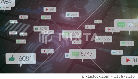 Displaying floating notification bubbles over grid interface, with HUD graphics, circuit patterns Displaying floating notification bubbles over grid interface, with HUD graphics, circuit patterns 135672136