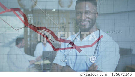 Standing doctor in scrubs crossing arms at hospital, with stethoscope, data grid, red chart overlay Standing doctor in scrubs crossing arms at hospital, with stethoscope, data grid, red chart overlay 135672140