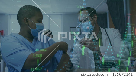 Masked doctor preparing syringe and masked nurse exposing arm in clinic room, with data overlays 135672141