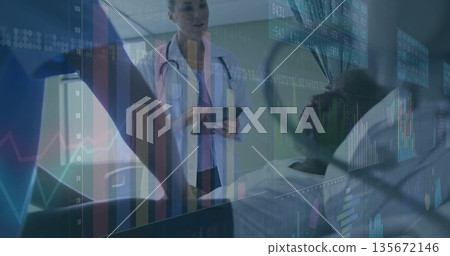 Consulting female doctor holding tablet and analyzing data in hospital room, with chart overlays 135672146