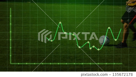 Overlaying green data grid onto soccer pitch, tracking player legs in shorts and ball, copy space Overlaying green data grid onto soccer pitch, tracking player legs in shorts and ball, copy space 135672178