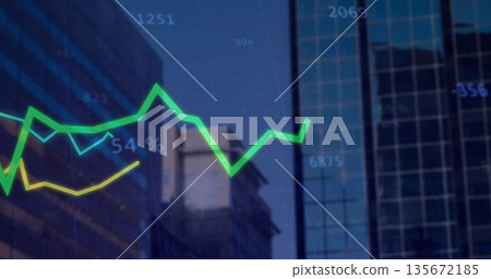 Showing green and yellow trend lines over downtown glass skyscrapers, featuring numeric data labels Showing green and yellow trend lines over downtown glass skyscrapers, featuring numeric data labels 135672185