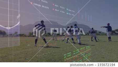 Coaching baseball team practicing fielding on outfield, with gloves, cones, bats, financial charts Coaching baseball team practicing fielding on outfield, with gloves, cones, bats, financial charts 135672194