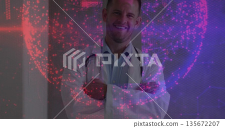 Smiling doctor wearing lab coat and stethoscope in clinic, displaying holographic network sphere Smiling doctor wearing lab coat and stethoscope in clinic, displaying holographic network sphere 135672207