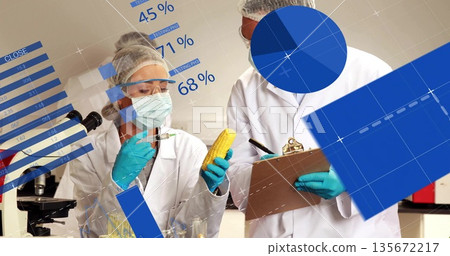 Two scientists wearing gloves injecting corn sample in lab, with syringe and data overlays 135672217